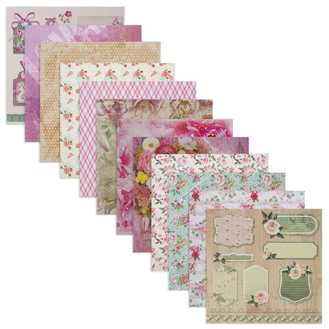 Бумага для скрапбукинга 15х15 см "Шебби-шик", двусторонняя, 12 листов, 12 дизайнов, 180 г/м2, ОСТРОВ СОКРОВИЩ, 662761