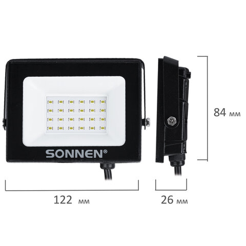 Прожектор светодиодный 20 Вт, 6500 К, 1600 Лм, 20 м2, IP65, 122x84x26 мм, черный, SONNEN, 238412