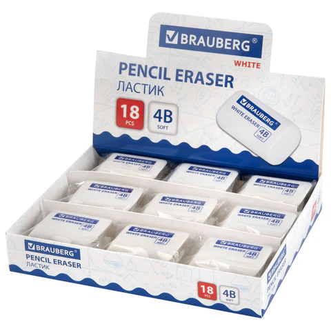 Ластик BRAUBERG "WHITE", 45х28х12 мм, скошенный, белый, 272734