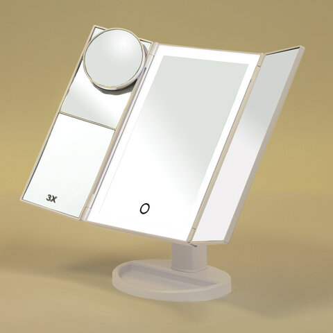 Зеркало настольное с LED-подсветкой для макияжа, размер 24х18 см, складное, увеличение х2, х3, х10, белое, BRABIX, 609337