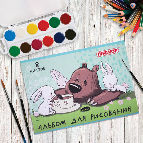 Альбом для рисования А4 8 л., скоба, обложка офсет, ПИФАГОР, 203х288 мм, "Непоседы" (2 вида), 106686