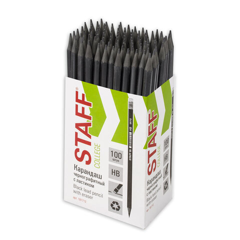 Карандаш чернографитный STAFF "College" BLP-712, 1 шт., НВ, с ластиком, пластик, корпус черный, 181712