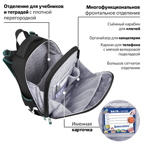 Ранец BRAUBERG PREMIUM, 2 отделения, с брелком, "Space mission", LED ЛАМПОЧКИ, 38х29х16 см, 270599