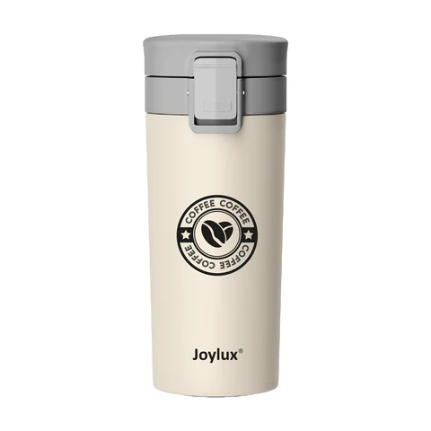 Термокружка 380 мл JOYLUX (ДЖОЙЛЮКС) CLASSIC COFFEE, нержавеющая сталь SUS304, бежевый с принтом, 700273