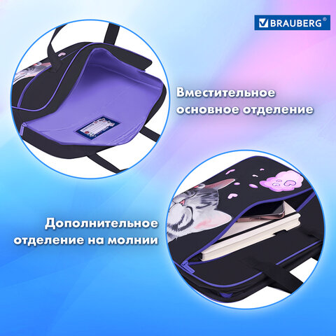 Папка на молнии с ручками BRAUBERG А4, 1 отделение, карман на молнии, 80 мм, "Sleeping kitten", 273309