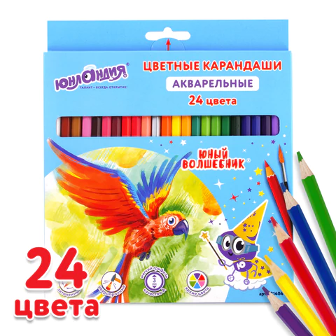 Карандаши цветные акварельные ЮНЛАНДИЯ "ЮНЫЙ ВОЛШЕБНИК", 24 цвета, шестигранные, грифель 3 мм, натуральное дерево, 181404