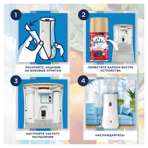 Освежитель воздуха автоматический, 269 мл, GLADE, диспенсер+сменный баллон, "Пион и сочные ягоды"