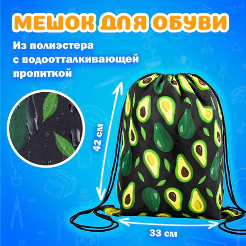 Папка на молнии с ручками А4, мешок для обуви 42х33 см, пенал 20х10 см, "Avocado" НАБОР BRAUBERG, 271433