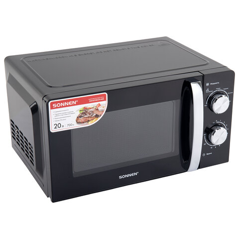 Микроволновая печь SONNEN MW2070BLCR-6MB, 20 л, 700 Вт, таймер, механическое управление, ручка, черная/хром, 454982