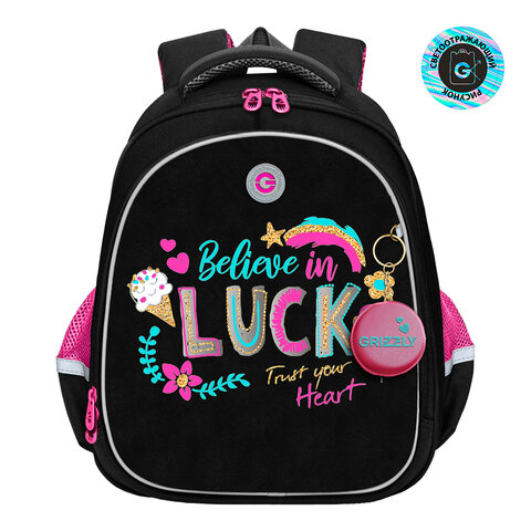 Ранец GRIZZLY анатомическая спинка, c брелоком, для девочек, "LUCK", 36х28х20 см, RAz-386-4/1