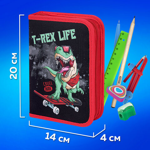 Пенал ПИФАГОР, 1 отделение, 2 откидные планки, полиэстер, 20х14 см, "T-Rex Life", 271513