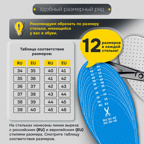 Стельки для обуви УНИВЕРСАЛЬНЫЕ, УНИВЕРСАЛЬНЫЙ размер RU 34-45 / EU 35-46, с линиями выреза, SHEGRA (ШЕГРА), 700736