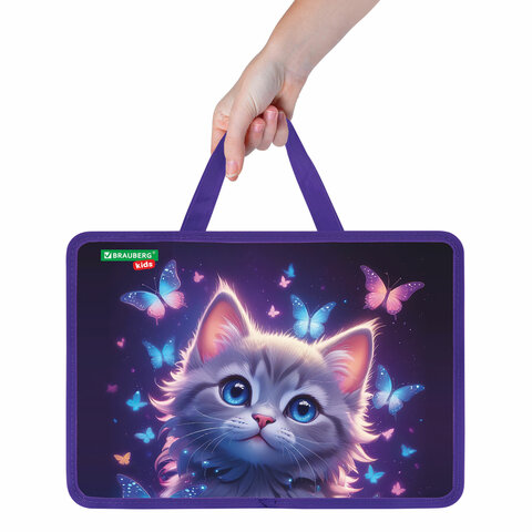 Папка на молнии с ручками BRAUBERG KIDS А4, 1 отделение, пластик, 100 мм, "Curious cat", 273376