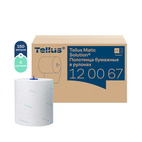 Полотенца бумажные рулонные 150 м, Tellus/TORK Matic (Система H1) ADVANCED, 2-слойные, белые, КОМПЛЕКТ 6 рулонов, 120067