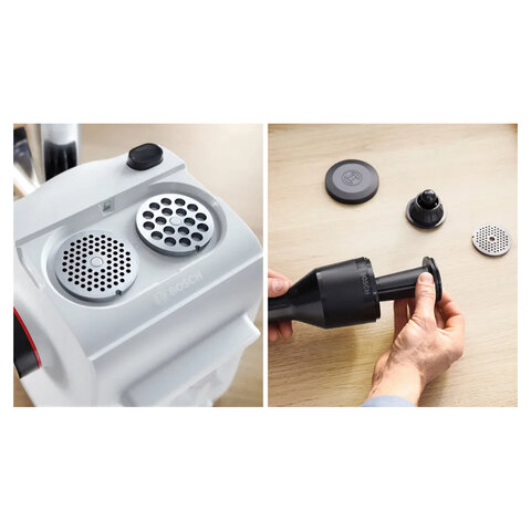 Мясорубка BOSCH MFWS420W, мощность 1900 Вт, производительность 2,5 кг/мин, металлический шнек, реверс