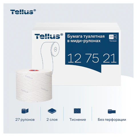 Бумага туалетная 90 м, Tellus/TORK (Система Т6) PREMIUM, КОМПЛЕКТ 27 рулонов, 2-слойная, белая, 127520/127521