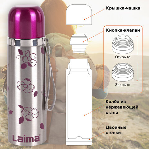 Термос LAIMA с узким горлом, 0,5 л, нержавеющая сталь, с рисунком, 601410
