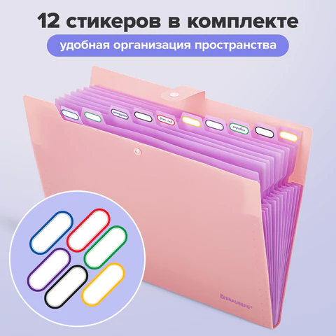 Папка-органайзер на кнопке 12 отделений, BRAUBERG "Extra", А4, персиковая с лавандовым, 271931