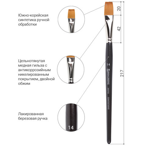 Кисть художественная профессиональная BRAUBERG ART CLASSIC, синтетика мягкая под колонок, плоская, № 14, короткая ручка, 200702