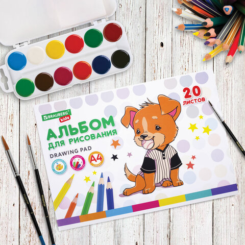 Альбом для рисования А4 20 л., скоба, обложка картон, BRAUBERG KIDS, 203х288 мм, "Зверушки", 106691