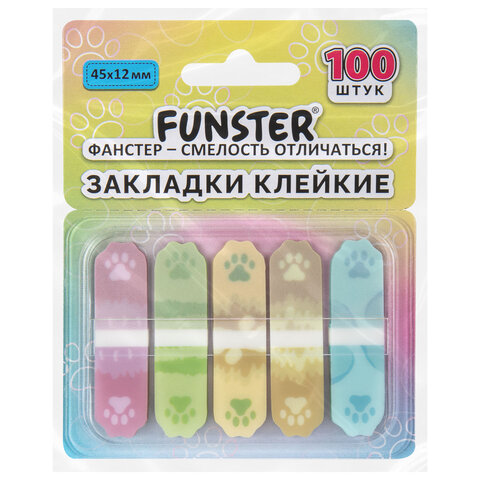 Закладки клейкие Z-сложения FUNSTER (ФАНСТЕР) "Лапки собак", 45х12 мм, 100 шт. (5 цветов х 20 листов), в диспенсере, 116693