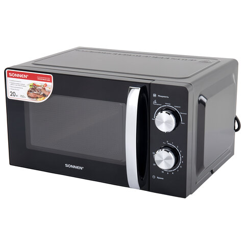 Микроволновая печь SONNEN MW2070BLCR-6MB, 20 л, 700 Вт, таймер, механическое управление, ручка, черная/хром, 454982
