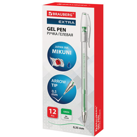 Ручка гелевая BRAUBERG "EXTRA", ЗЕЛЕНАЯ, корпус прозрачный, узел 0,5 мм, линия 0,35 мм, 143904
