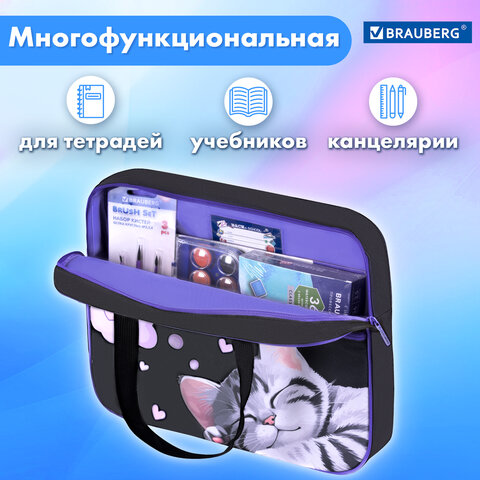 Папка на молнии с ручками BRAUBERG А4, 1 отделение, карман на молнии, 80 мм, "Sleeping kitten", 273309
