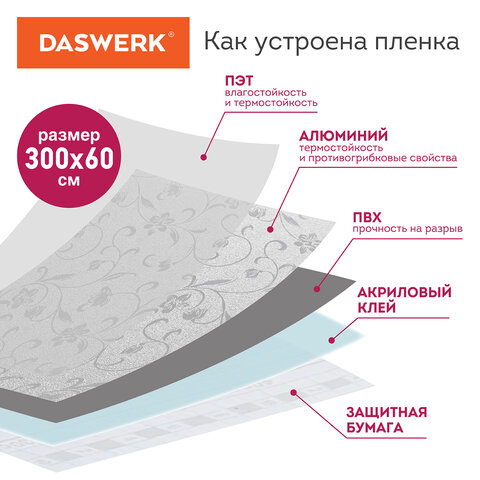 Самоклеящаяся пленка, алюминиевая фольга защитная для кухни/дома, 0,6х3 м, серебро, цветы, DASWERK (ДАСВЕРК), 607849