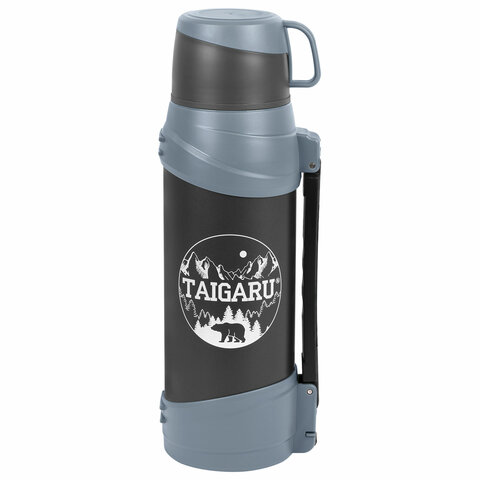 Термос классический, нержавеющая сталь 2 л, черно-серый, 2 кружки, ручка + ремешок, TAIGARU (ТАЙГАРУ), 608818