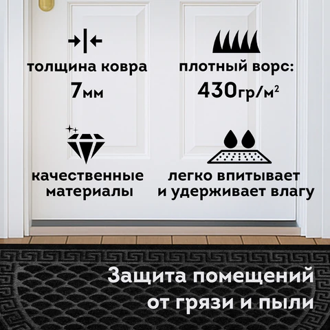 Коврик придверный 60х90 см, ЧЕРНЫЙ, грязезащитный, 430 г/м2, ПОЛУКРУГ, фактурный рисунок ЧЕШУЙКИ, ЛЮБАША, 701051