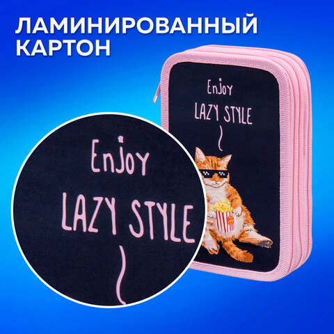 Пенал ПИФАГОР, 3 отделения, ламинированный картон, 19х11 см, "Lazy cat", 272252