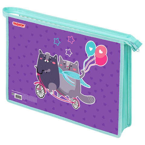 Папка для тетрадей ПИФАГОР А4, 1 отделение, картон/пластик, на молнии, "Bike cats", 272125