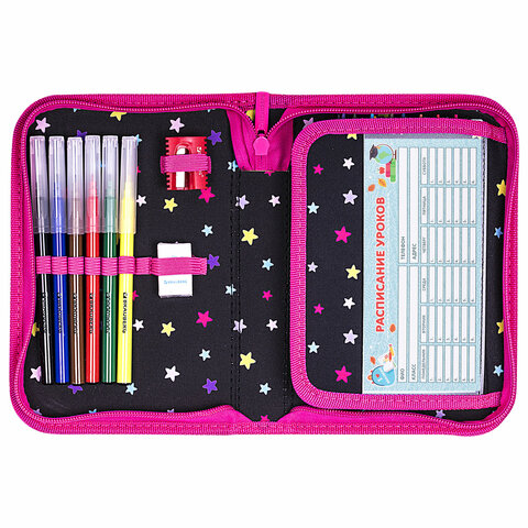 Пенал BRAUBERG с наполнением, 1 отделение, 1 откидная планка, 24 предмета, 21х14 см, "Cats first", 271525