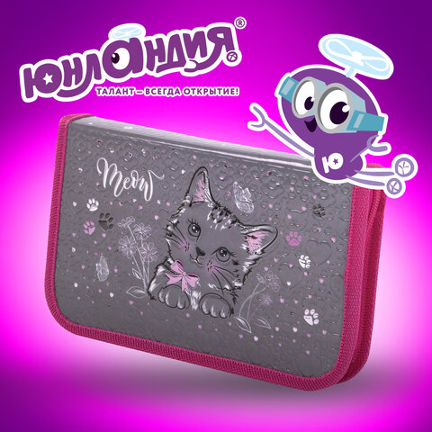 Пенал ЮНЛАНДИЯ, 1 отделение, металлизированный картон, конгрев, 19х11 см, "Meow", 271103