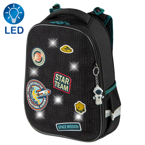 Ранец BRAUBERG PREMIUM, 2 отделения, с брелком, "Space mission", LED ЛАМПОЧКИ, 38х29х16 см, 270599