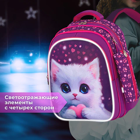 Рюкзак BRAUBERG KIDS MIND с пеналом в комплекте, 2 отделения, "Humble Cat", 40х28х18 см, 273176