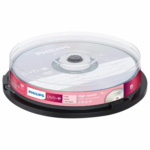 Диски DVD-R PHILIPS, 4,7 Гб, 16x, Cake Box (упаковка на шпиле), КОМПЛЕКТ 10 шт., DM4S6B10F/97