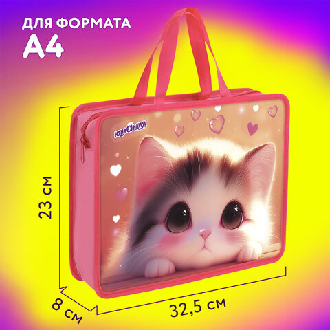 Папка на молнии с ручками ЮНЛАНДИЯ А4, 1 отделение, пластик, 80 мм, "Dreamy kitty", 273361