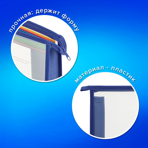 Папка для тетрадей А4 ПИФАГОР, пластик, молния сверху, прозрачная, синий, 272109