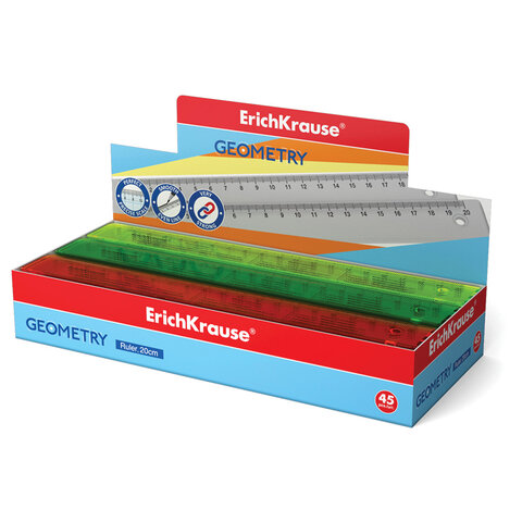 Линейка пластиковая 20 см, ERICH KRAUSE "NEON", с единицами измерения, ассорти, 55502
