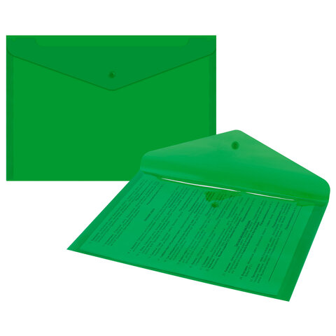 Папка-конверт с кнопкой прозрачная А4 BRAUBERG UNIVERSAL, до 100 листов, зеленая, 0,15 мм, 273074