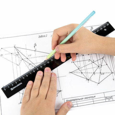 Линейка пластик 30 см, BRAUBERG, черная, 210612