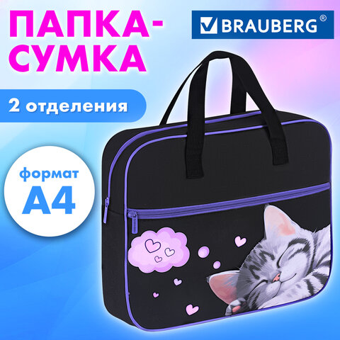 Папка на молнии с ручками BRAUBERG А4, 1 отделение, карман на молнии, 80 мм, "Sleeping kitten", 273309