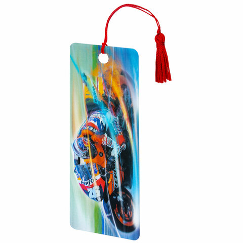 Закладка для книг с линейкой 3D-ОБЪЕМНАЯ BRAUBERG, "Мотогонки", с декоративным шнурком, 125769