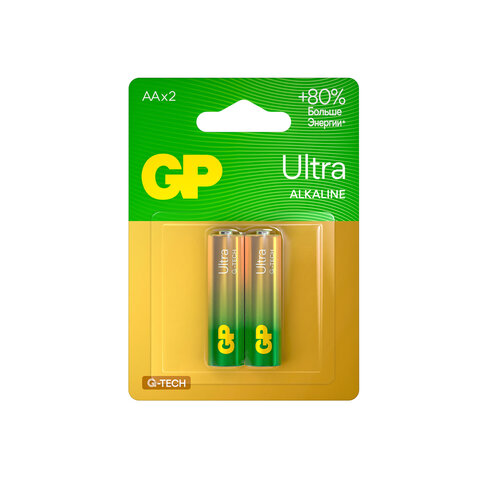 Батарейки КОМПЛЕКТ 2 шт., GP Ultra G-Tech, AA (LR6,15А), алкалиновые, пальчиковые, 15AUA21-2CRSBC2