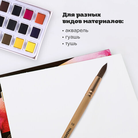 Кисть ПИФАГОР, БЕЛКА, круглая, № 10, деревянная лакированная ручка, с колпачком, пакет с подвесом, 200824