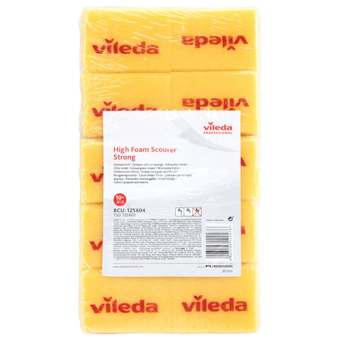 Губки VILEDA PROFESSIONAL профильные "Средняя жесткость" КОМПЛЕКТ 10 шт., желтые, ЗЕЛЕНЫЙ абразив, 9,5х7х4,5 см, 125604