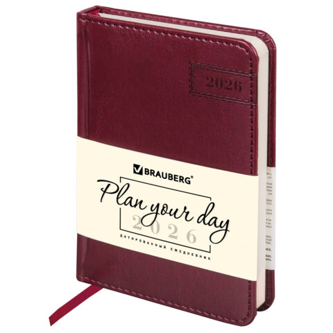 Ежедневник датированный 2026, МАЛЫЙ ФОРМАТ 100х150 мм, А6, BRAUBERG "Imperial", под кожу, бордо, 117254