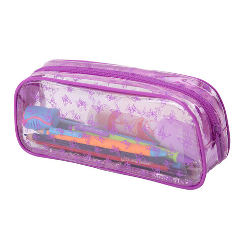 Пенал-косметичка BRAUBERG LUCENT на молнии, прозрачный, "Butterfly", 21х5х9 см, 272344